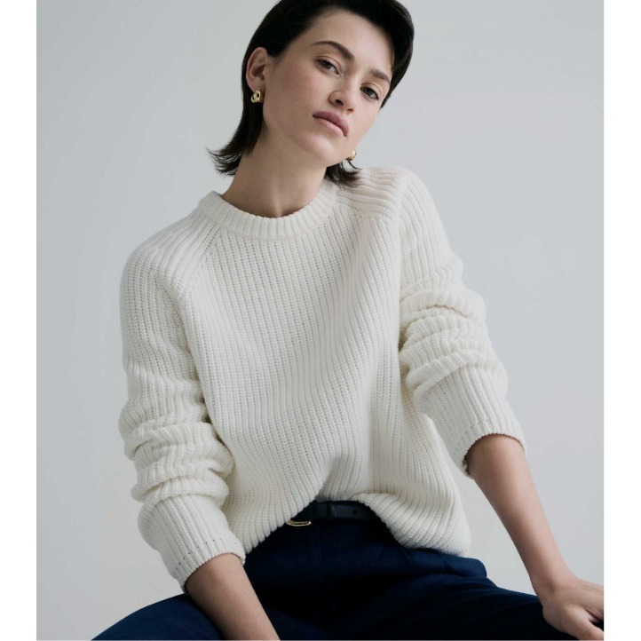 Quince 100% Organic Cotton Fisherman Crew Sweater Long Sleeve Ivory Medium